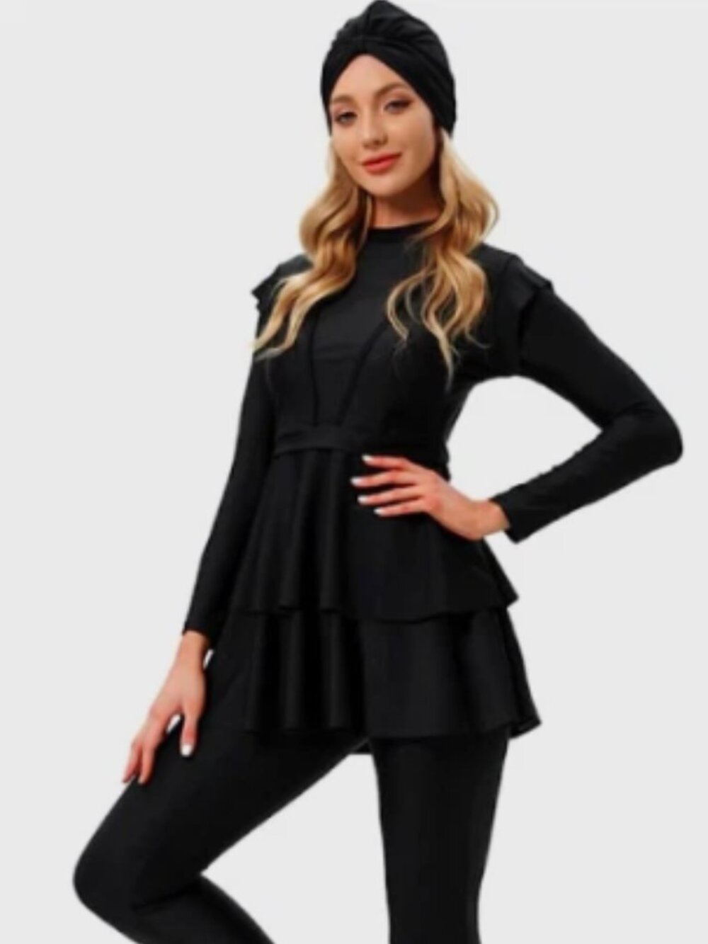 3 Piece Long Sleeve Black Size Large Rashguard Swimsuit with Hijab Built-In Bra